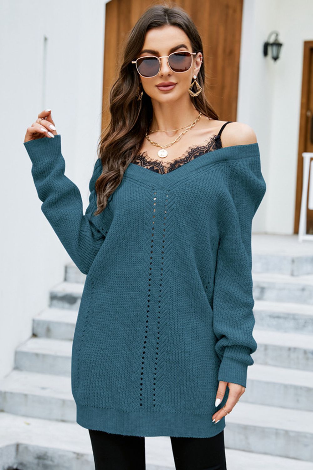 Deep Teal Chic Solid V-Neck Lace Long Sleeve Acrylic Sweater Dress Apparel & Accessories > Clothing > Tops Ship From Overseas sync-pinterest Yh