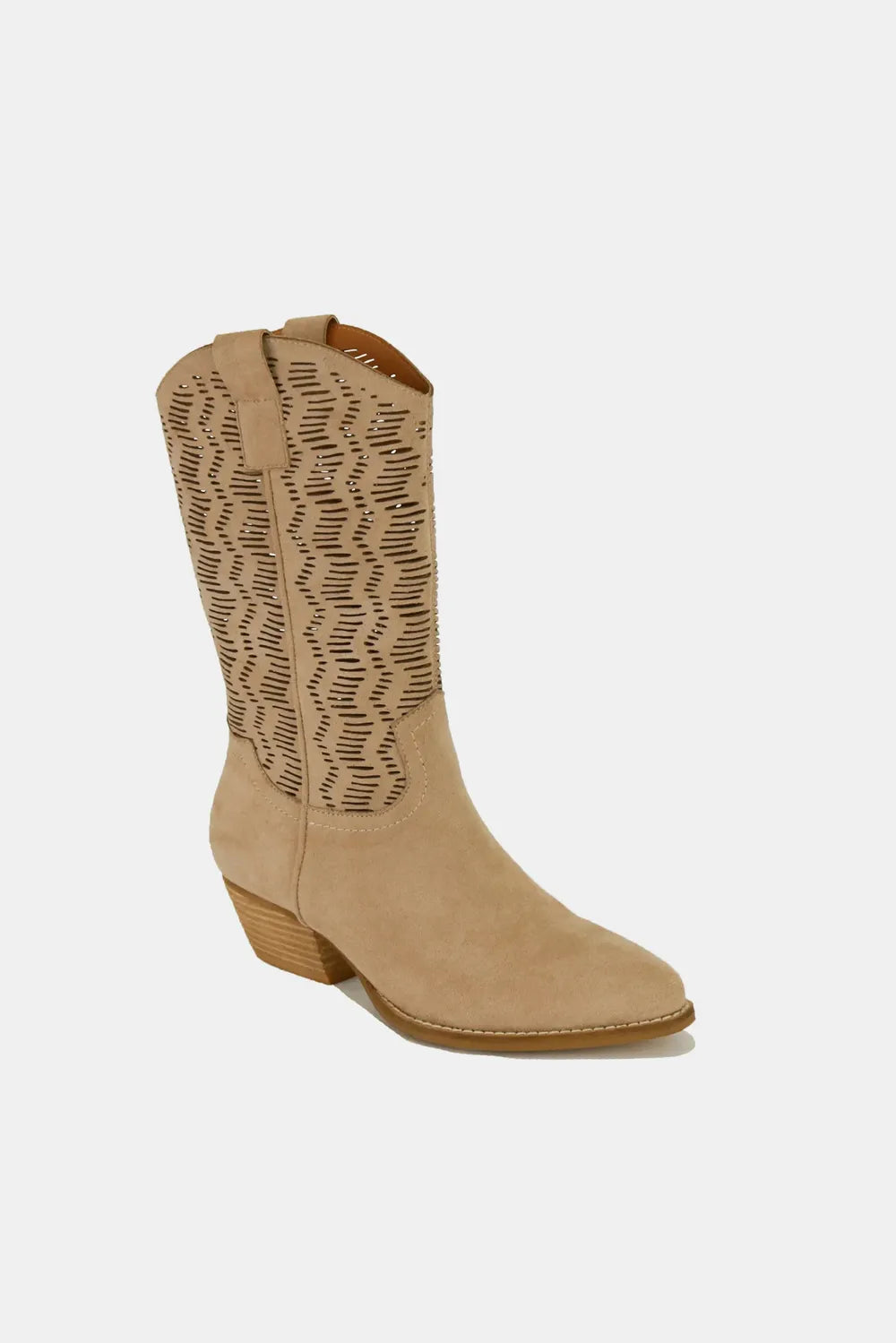 Elegant Laser-Cut Faux Suede Block Heel Boots Beast Fashion Ship from USA