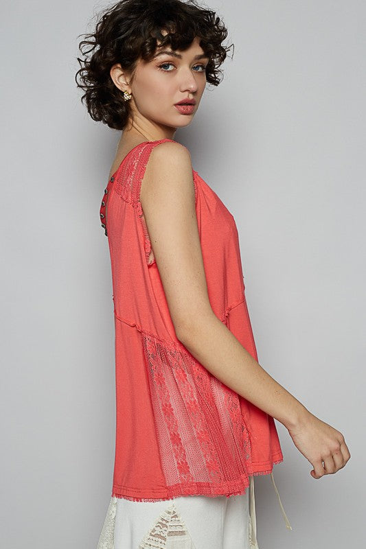 Strawberry Lace Detail Top - Studded - Crisscross Back - V-Neck Sleeveless Top POL Ship from USA