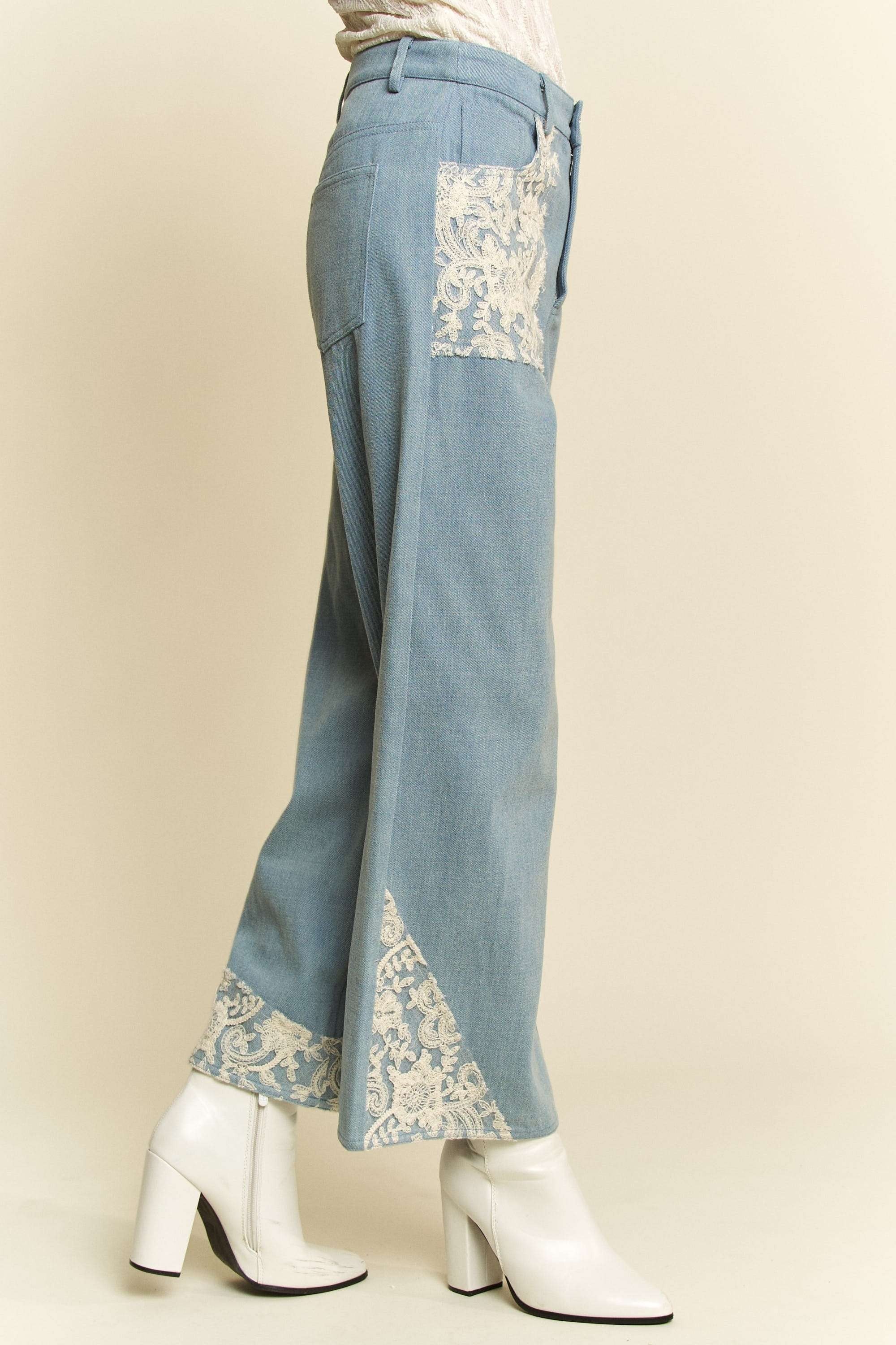 Wide Leg Denim Pants - Lace Applique - No Stretch - 100% Cotton Apparel & Accessories > Clothing > Pants Applique autopostr_pinterest_71901 autopostr_pinterest_72819 Davi & Dani Lace Leg Only Available for U.S. Residents Ship from USA sync-pinterest Wide Wide Leg