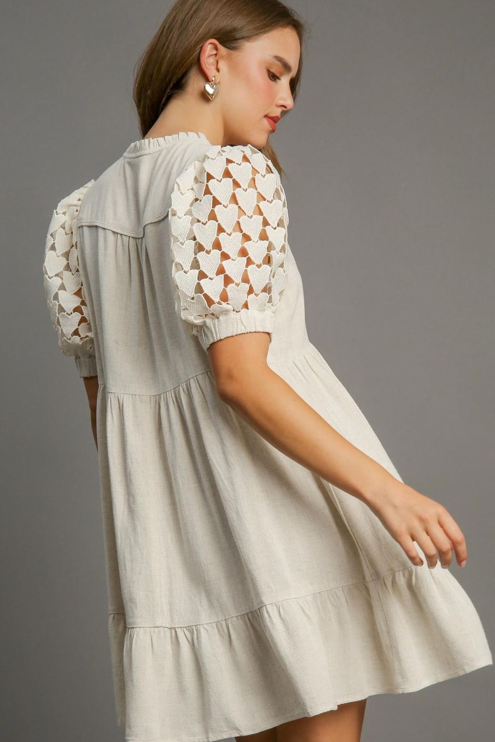 Heart Lace Ruffle Dress - Oatmeal Tie Neck Apparel & Accessories > Clothing > Dresses autopostr_pinterest_71901 autopostr_pinterest_72819 Only Available for U.S. Residents Ship from USA sync-pinterest Umgee USA
