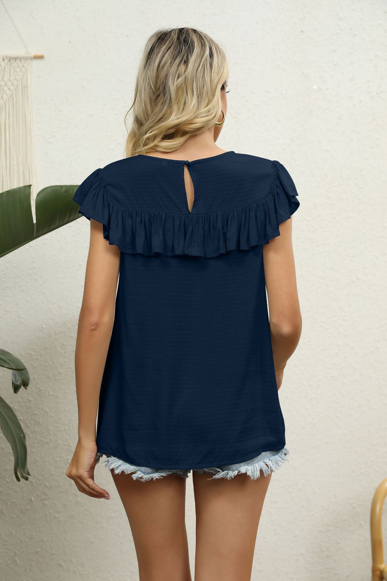 Lace Flutter Sleeve Round Neck Top - Solid Casual Polyester Blouse Apparel & Accessories > Clothing > Tops AYL Ship From Overseas sync-pinterest