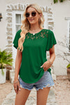 Mid Green Lace Blouse - Flutter Sleeve - Round Neck - Casual Top - Solid Color Apparel & Accessories > Clothing > Tops Flutter Flutter Sleeve Lace Lamy Ship From Overseas Sleeve Sleeve T Sleeve Top Spliced Spliced Lace sync-pinterest T Top V