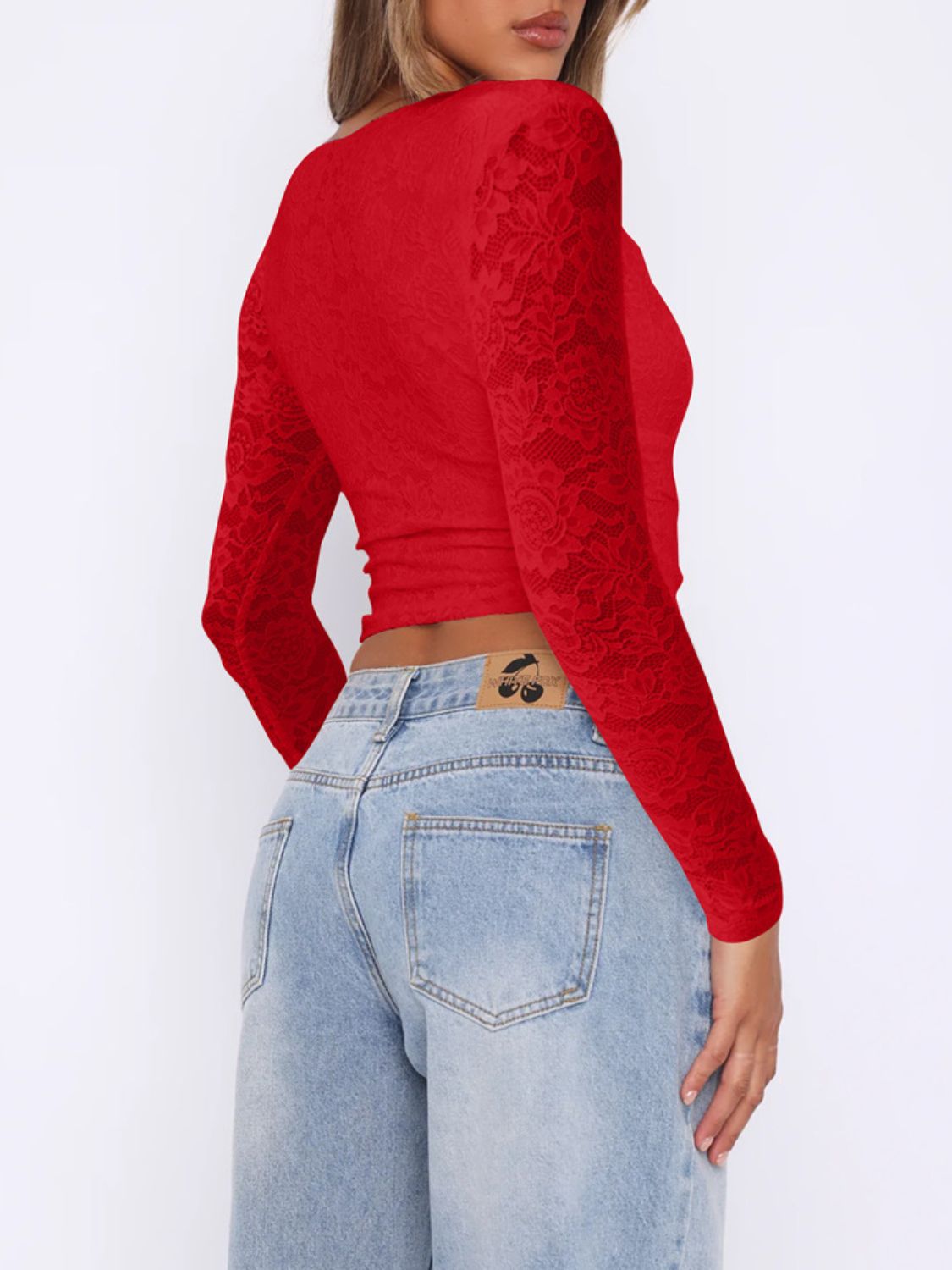 Semi-Sheer Lace Stretch Top with Long Sleeves Apparel & Accessories > Clothing > Tops Devine Ship From Overseas sync-pinterest