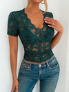 Dark Green Top - Lace - V-Neck - Short Sleeve - Lightweight - Casual 5-1-overseas Ship From Overseas WXFS