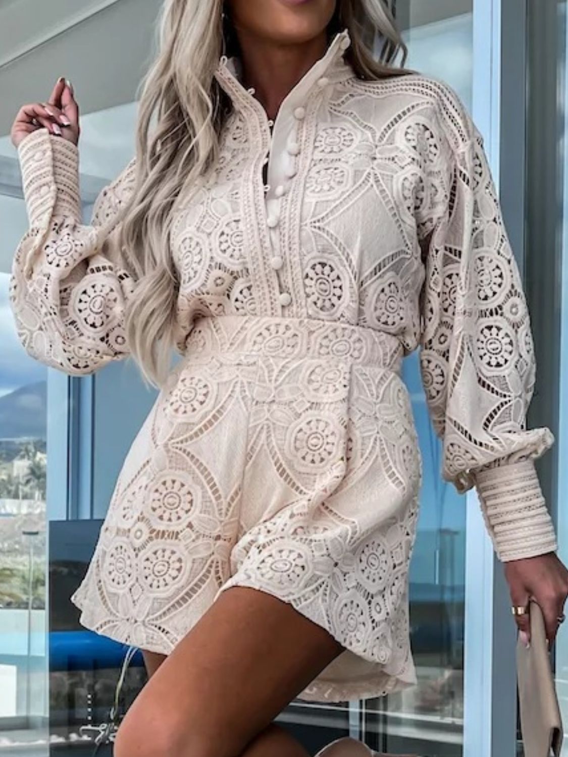 Women's Lace Buttoned Cutout Two-Piece Set - 100% Polyester Apparel & Accessories > Clothing > Outfits & Sets And And Shorts And Shorts Set Becoming June Button Button Detail Detail Detail Long Detail Long Sleeve Lace Long Long Sleeve Long Sleeve Top Set Ship From Overseas Short Shorts Shorts Set Sleeve Sleeve T Sleeve Top Sleeve Top And sync-pinterest T Top Top And Top And Shorts V