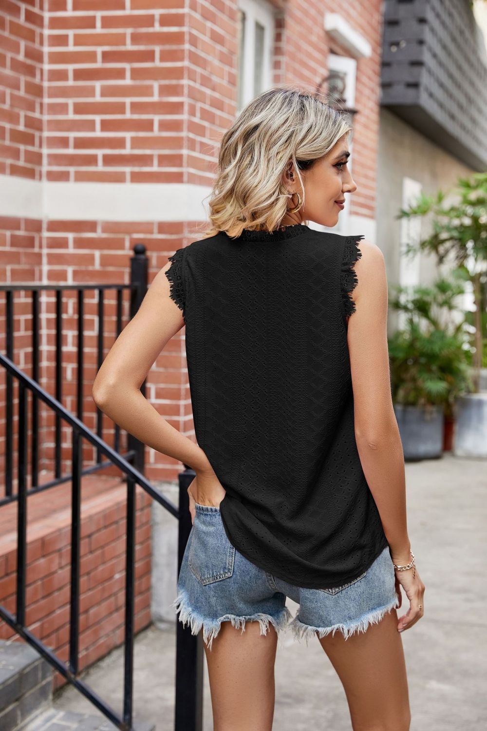 Eyelet Lace Trim Eyelash V-Neck Tank - Sleeveless - Casual - Soft - Comfortable Eyelash Eyelet Eyelet Lace Lace Lace Trim Lamy Neck Neck Tank Ship From Overseas sync-pinterest T Tank Trim V