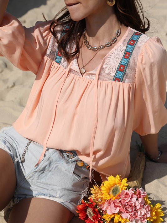 Watermelon pink Lace Blouse - Ruched Viscose - Half Sleeves - Tied Design Apparel & Accessories > Clothing > Tops autopostr_pinterest_72819 Blouse H.R.Z Half Half Sleeve Half Sleeve Blouse Neck Neck Half Neck Half Sleeve Ship From Overseas Sleeve Sleeve Blouse sync-pinterest T Tie Tie Neck V