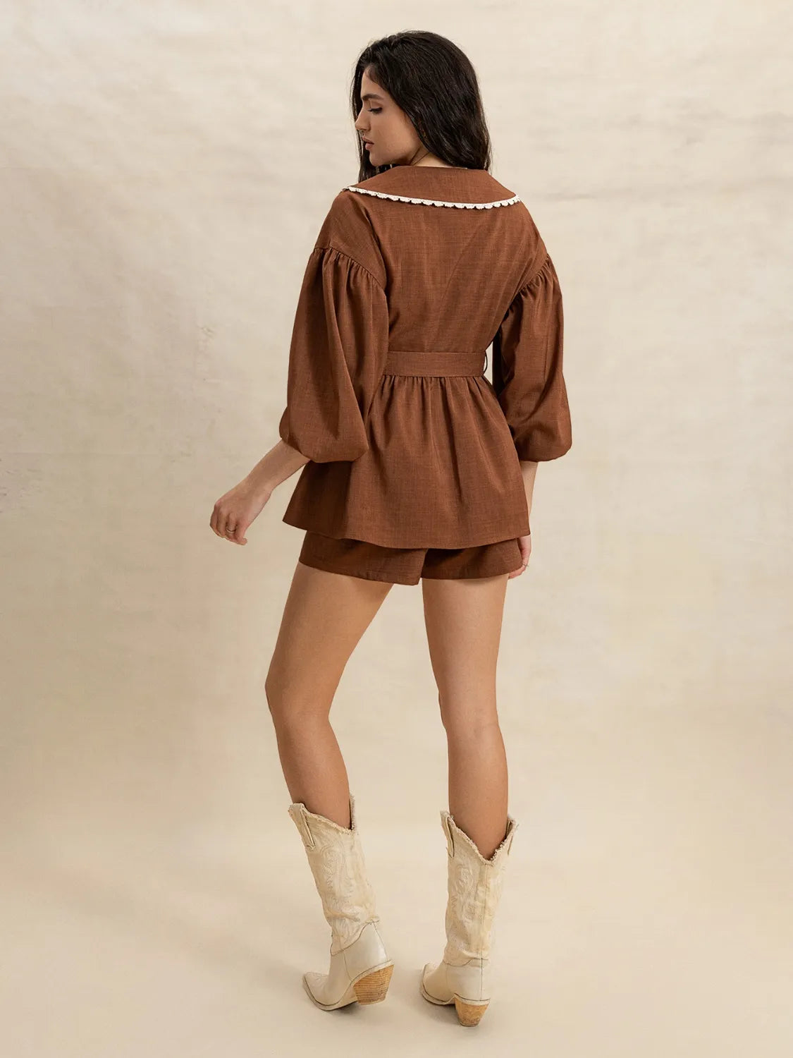 Rust Lace Detail Two-Piece Set with Ruched Design - Polyester Blend Apparel & Accessories > Clothing > Outfits & Sets 4-4-2025 Rusttydustty Ship From Overseas sync-pinterest