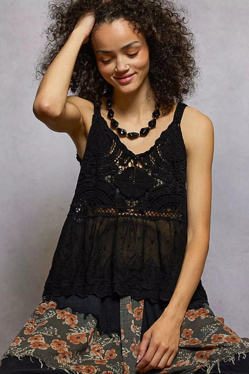 Women’s V-Neck Crochet Tank Top with Floral Embroidery 9-7 POL Ship from USA