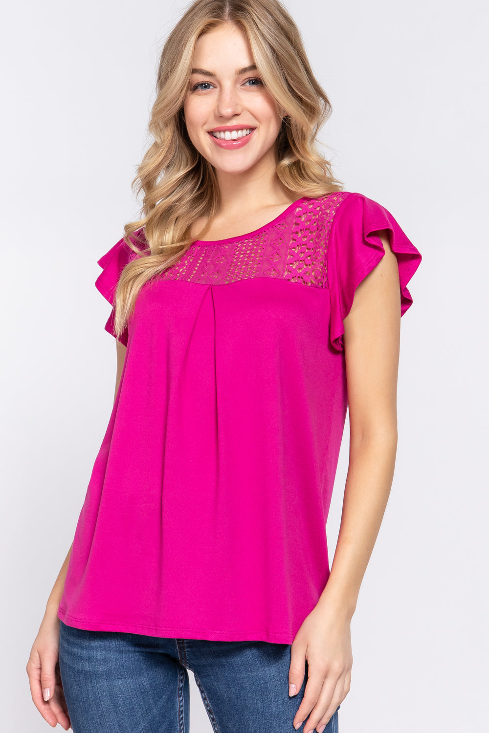 L Magenta Lace Detail Top - Short Sleeve - Ruffled Clothing & Accessories > Clothing > Tops autopostr_pinterest_71901 detail knit lace PinterestNew ruffle short sleeve top