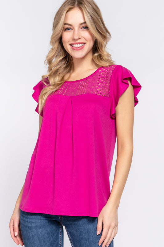 MAGENTA MAGENTA Lace Detail Top - Short Sleeve - Ruffled Clothing & Accessories > Clothing > Tops autopostr_pinterest_71118 autopostr_pinterest_71178 autopostr_pinterest_71277 detail knit lace ruffle short sleeve top