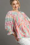 Babydoll Top - Mixed Print Lace Trim - 3/4 Sleeve Split Back Apparel & Accessories > Clothing > Tops autopostr_pinterest_72819 Only Available for U.S. Residents Ship from USA sync-pinterest Umgee USA