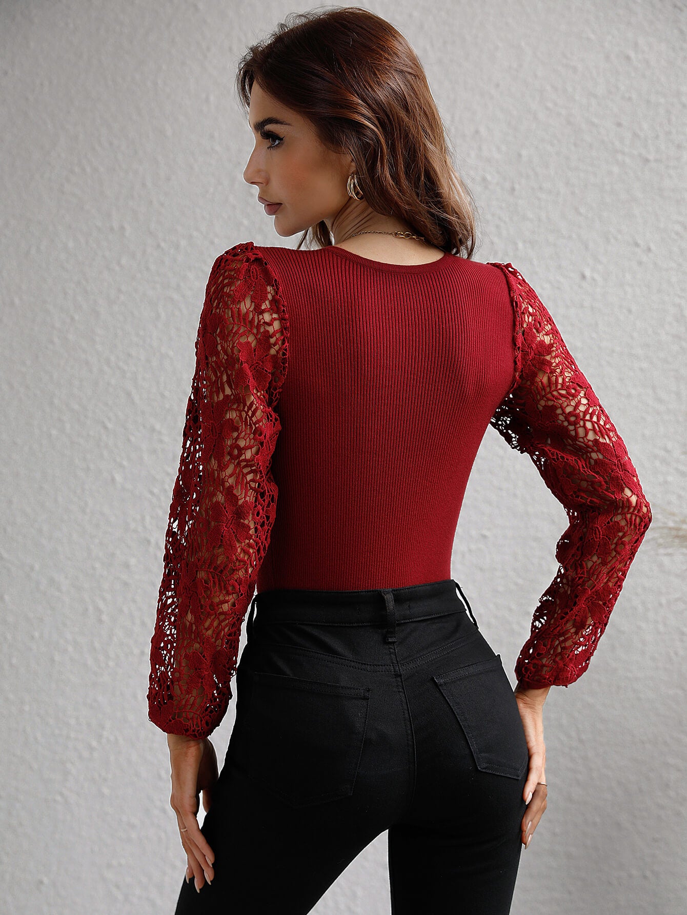 Lace Sleeve Round Neck Ribbed Top