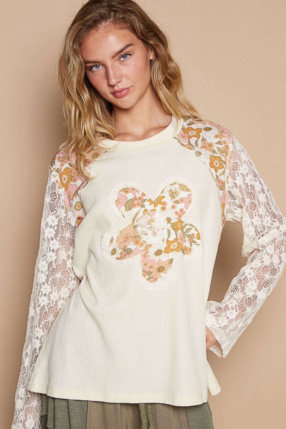 L Cream Top - Long Lace Sleeves - Floral Patch Clothing & Accessories > Clothing > Tops autopostr_pinterest_71901 flower knit lace patch PinterestNew pol sleeve top