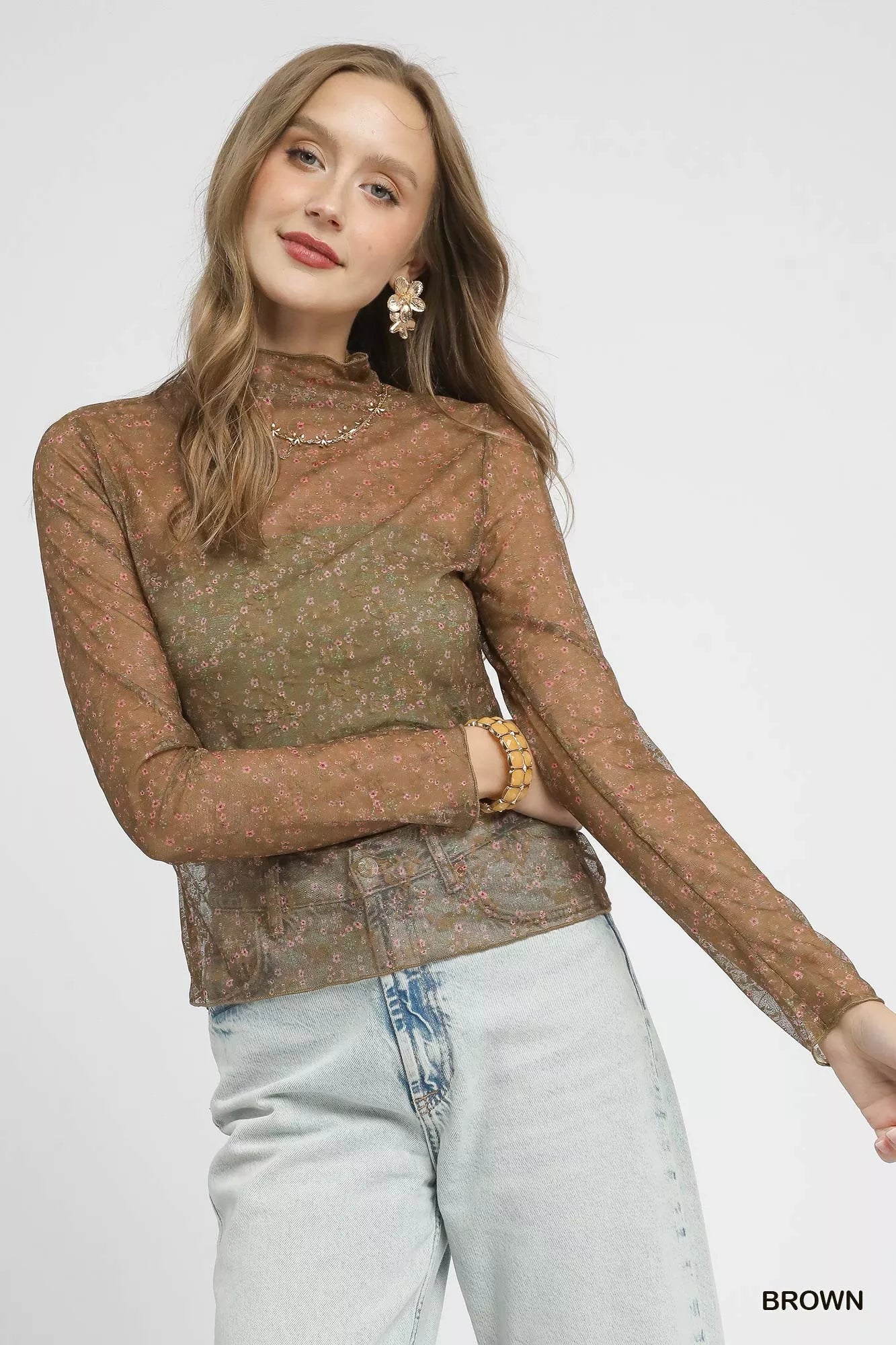 Brown Women’s Nylon Lace Mesh Long Sleeve Sheer Top 9-7 Ship from USA Umgee USA