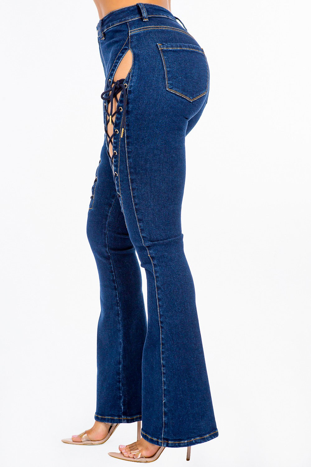 High-Rise Denim Jeans - Stretch Lace-Up Detail - Blue Apparel & Accessories > Clothing > Pants American Bazi High Lace Lace Up Only Available for U.S. Residents Ship from USA sync-pinterest Up