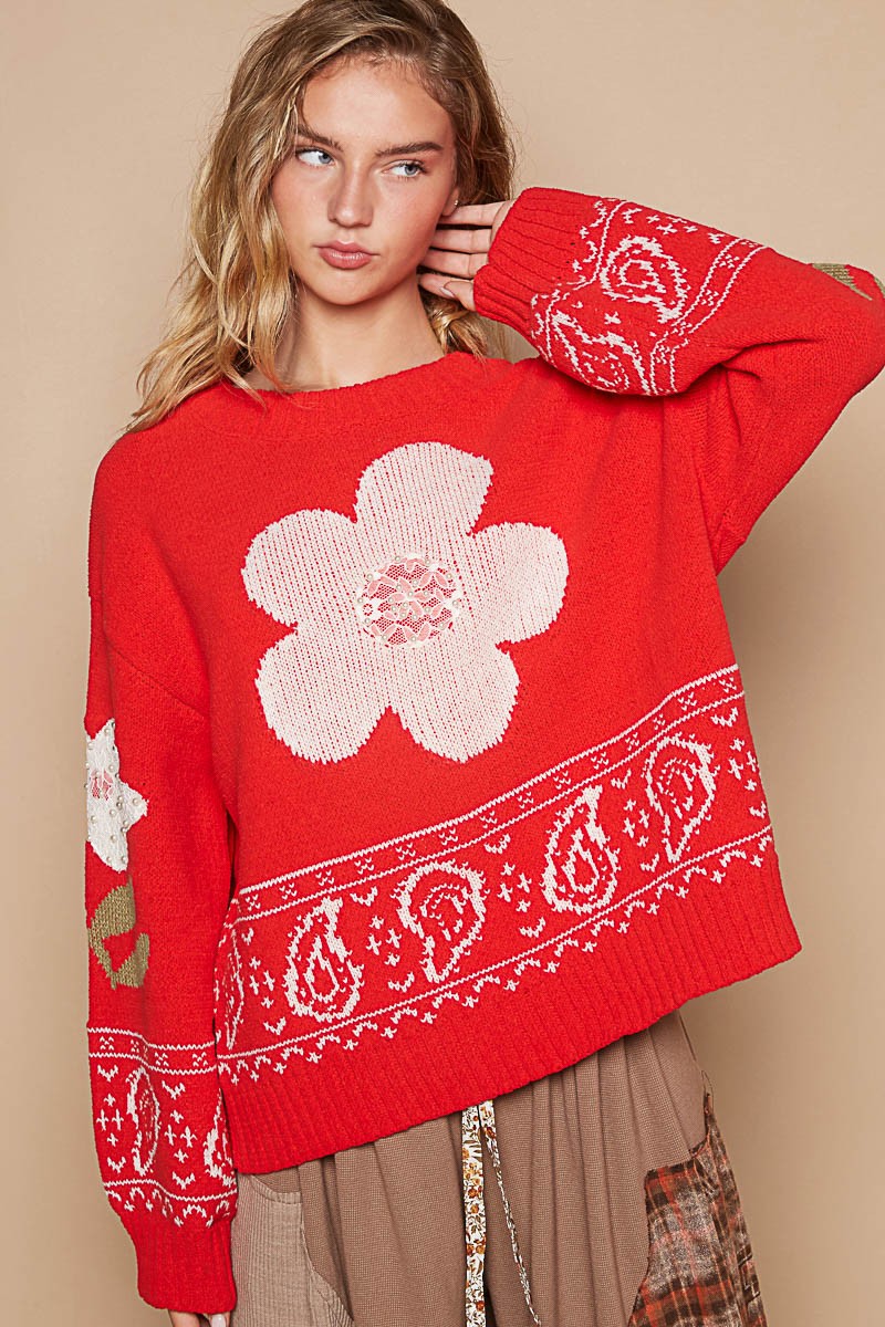 Red Sweater - Long Sleeve - Floral Lace Clothing & Accessories > Clothing > Tops > Sweaters autopostr_pinterest_71901 flower lace long patch PinterestNew pol Sale sleeve sweater