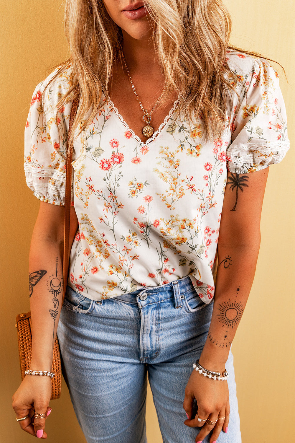 Beige Boho Short Sleeve Blouse