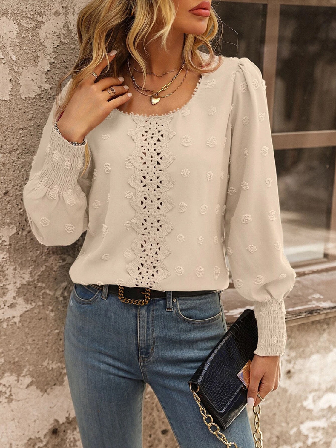 Tan Swiss Dot Lace Detail Blouse - 100% Polyester, Machine Washable Apparel & Accessories > Clothing > Tops Blouse Detail Dot Dot Lace Dot Lace Detail G@S Lace Lace Detail Ship From Overseas Swiss Swiss Dot Swiss Dot Lace sync-pinterest