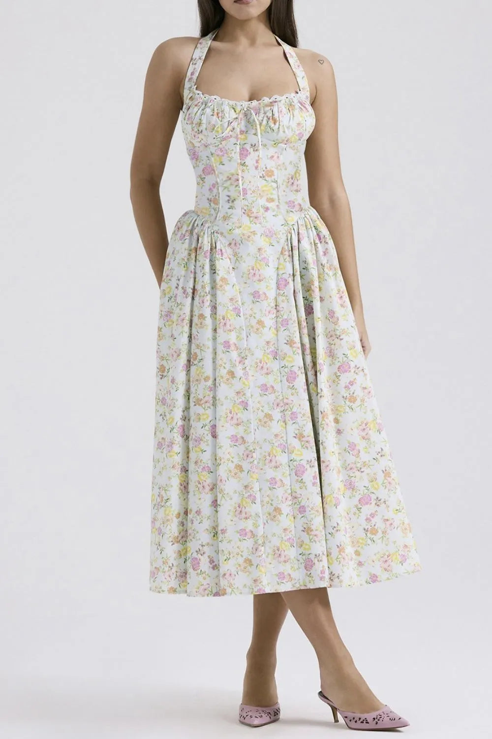 Floral Women's Tied Lace Detail Ruched Pleated Dress Apparel & Accessories > Clothing > Dresses Detail Detail Floral Dress Floral Halter Halter Neck Lace Lace Detail Lace Detail Floral Midi Midi Dress NaturalBreeze Neck Ship From Overseas sync-pinterest