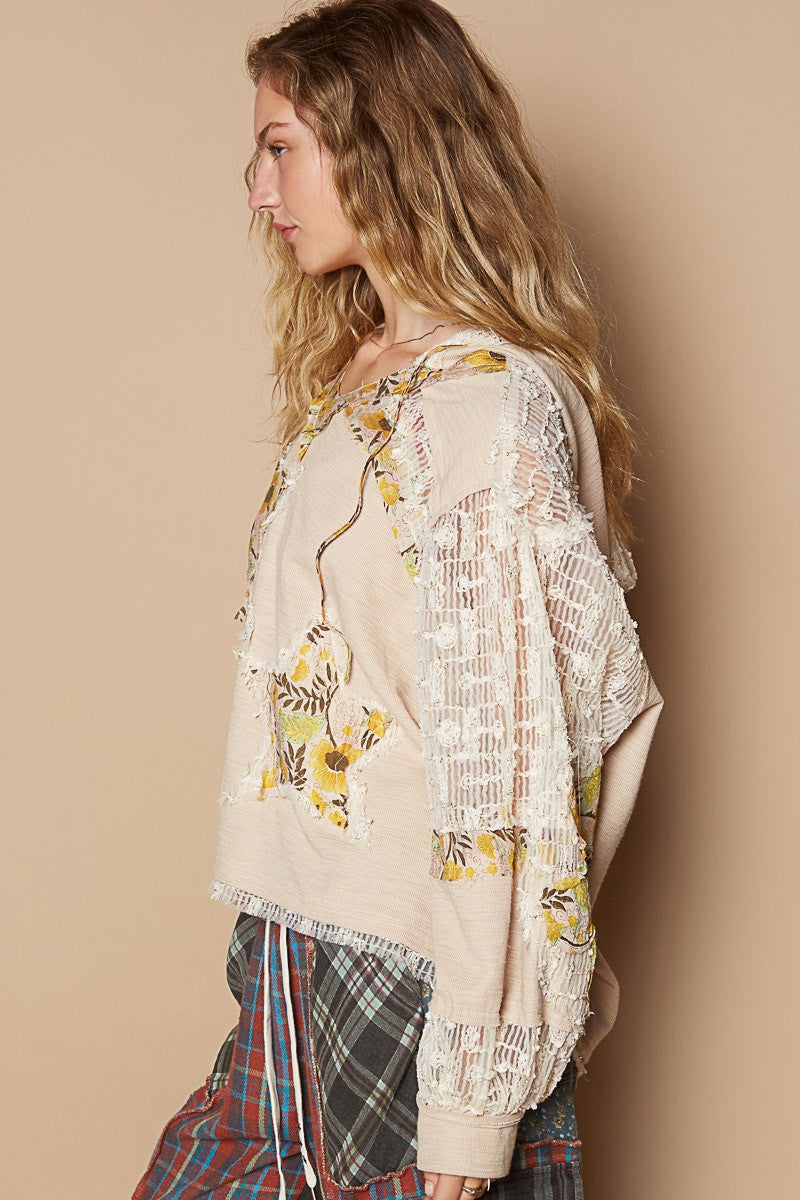 Beige Multi Lace Hoodie - Long Sleeve - Star Patch Clothing & Accessories > Clothing > Tops > Sweatshirts & Hoodies autopostr_pinterest_71901 hooded lace long patch PinterestNew pol sleeve star top