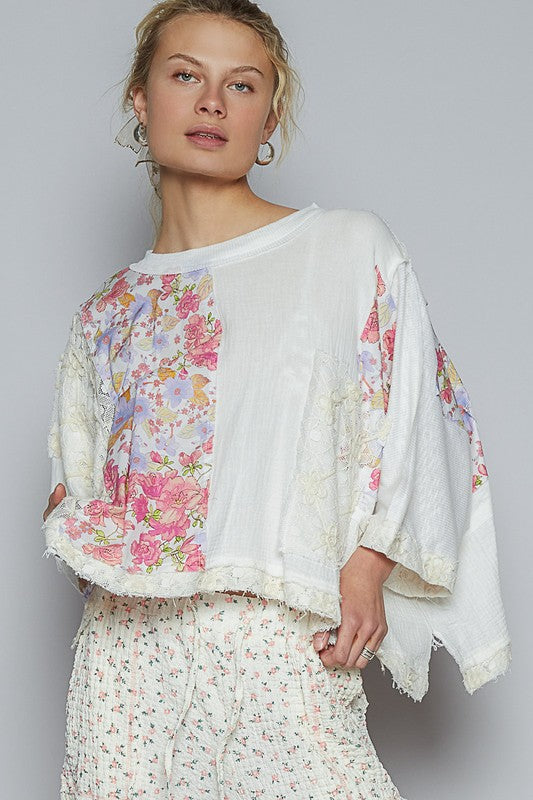 L Floral Lace Patch Top - Round Neck Double Gauze Top POL Ship from USA