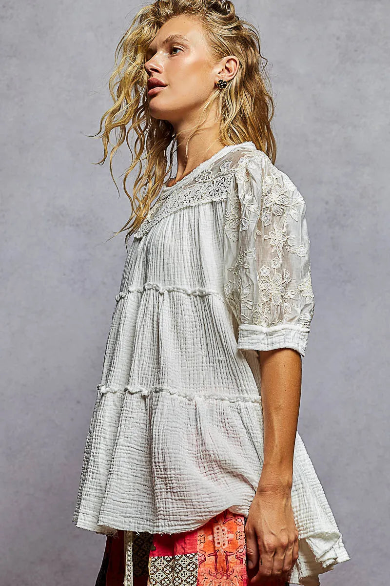 White Cotton Blouse - Boho Ruffled Lace 7-11 POL Ship from USA