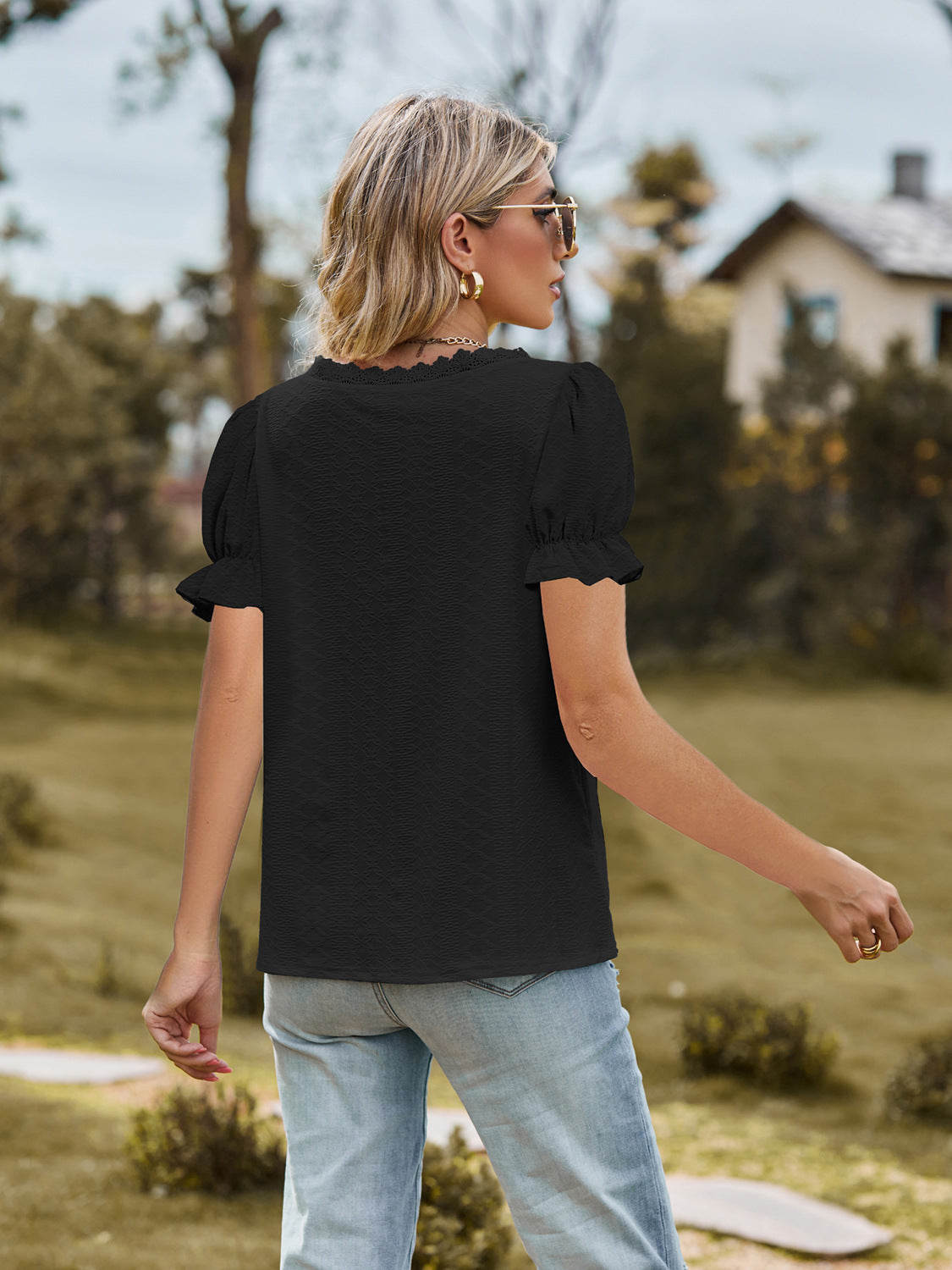 Women's Lace Detail Top with Slight Stretch Apparel & Accessories > Clothing > Tops Blouse Detail Detail V Flounce Flounce Sleeve Flounce Sleeve Blouse K.C Lace Lace Detail Neck Neck Flounce Neck Flounce Sleeve Ship From Overseas Sleeve Sleeve Blouse sync-pinterest T V