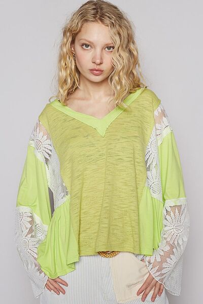 Lace Detail V-Neck Flare Sleeve Blouse new POL Ship from USA