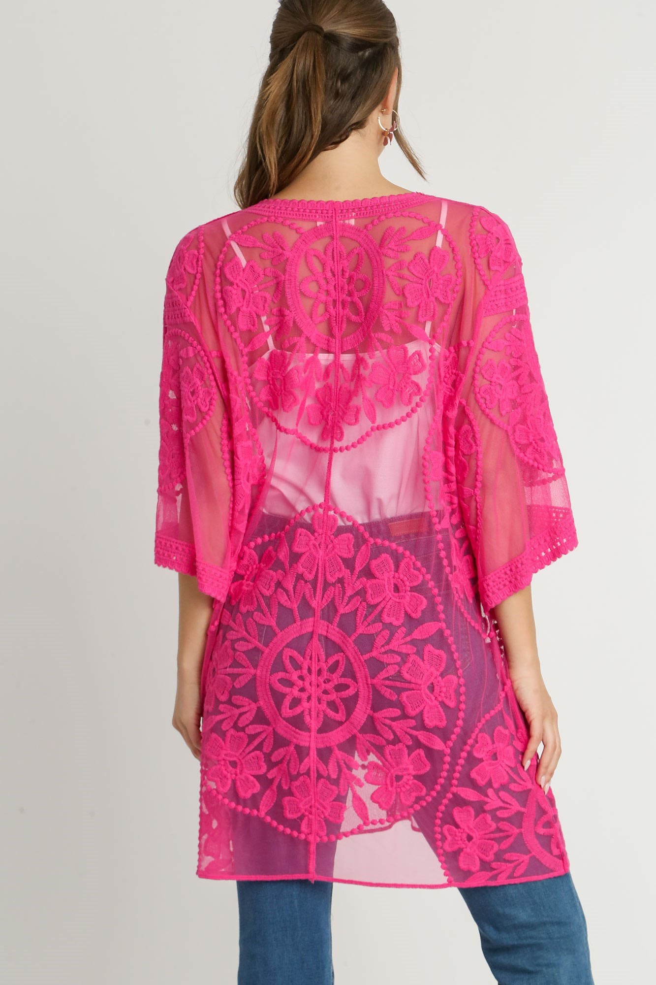 Hot Pink Floral Lace Kimono Sleeve Cover Up - Open Front - Waist Tie - Plus Size Only Available for U.S. Residents Ship from USA Umgee USA