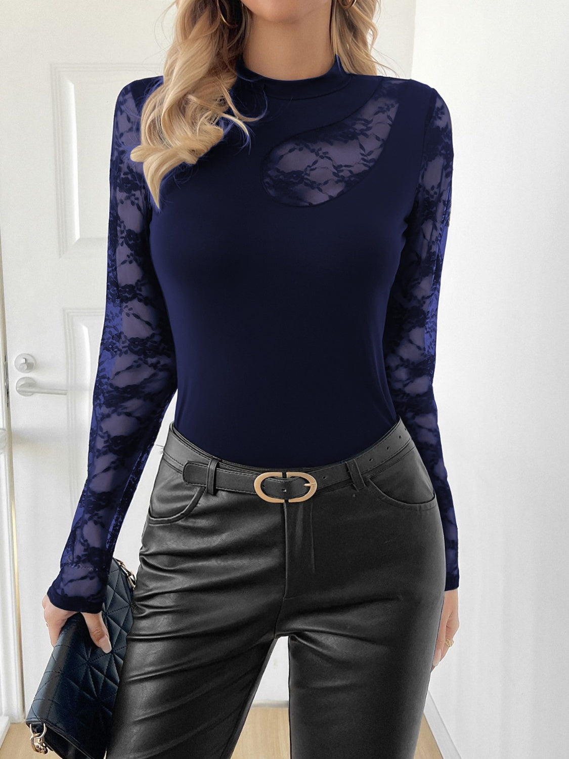 Navy Semi-Sheer Lace Top with Slight Stretch Apparel & Accessories > Clothing > Tops Lace Lace Patchwork Long Long Sleeve Long Sleeve Top Mock Mock Neck Mock Neck Long Neck Neck Long Neck Long Sleeve Patch Patchwork Ship From Overseas Sleeve Sleeve T Sleeve Top sync-pinterest T Top V WXFS