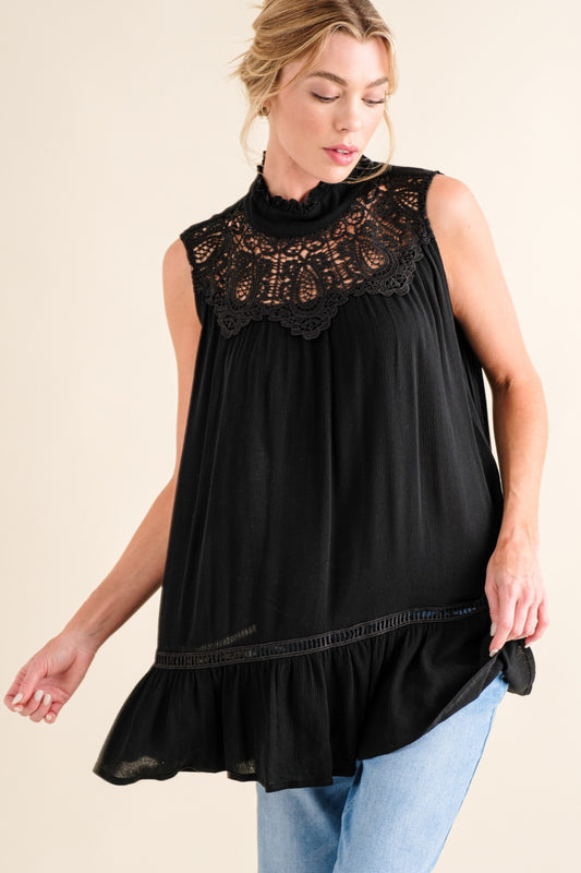 Black Black Lace Detail Sleeveless Ruffled Top Clothing & Accessories > Clothing > Tops autopostr_pinterest_71118 autopostr_pinterest_71178 autopostr_pinterest_71277 detail lace ruffled sleeveless top