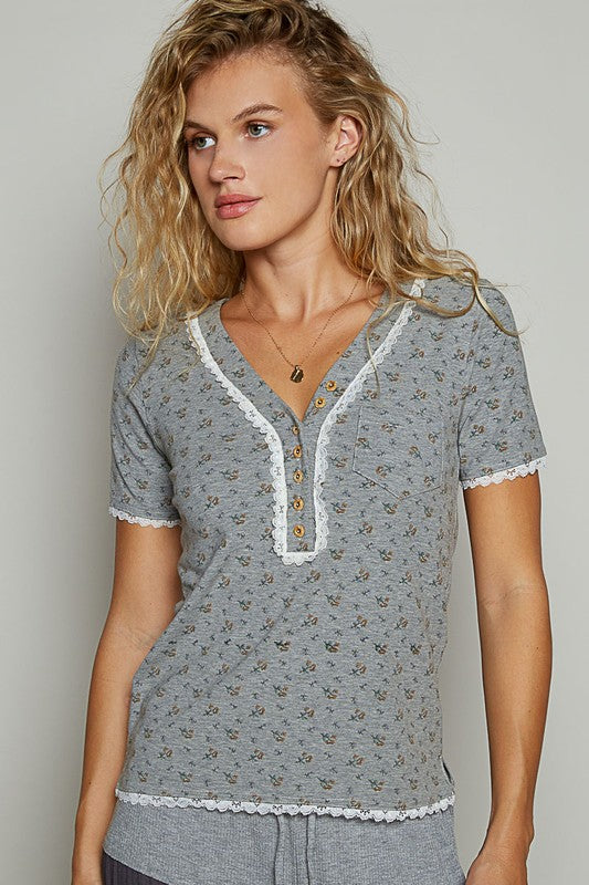 Lace Detail Floral Top - V-Neck - Button Detail - Short Sleeve T-Shirt POL Ship from USA