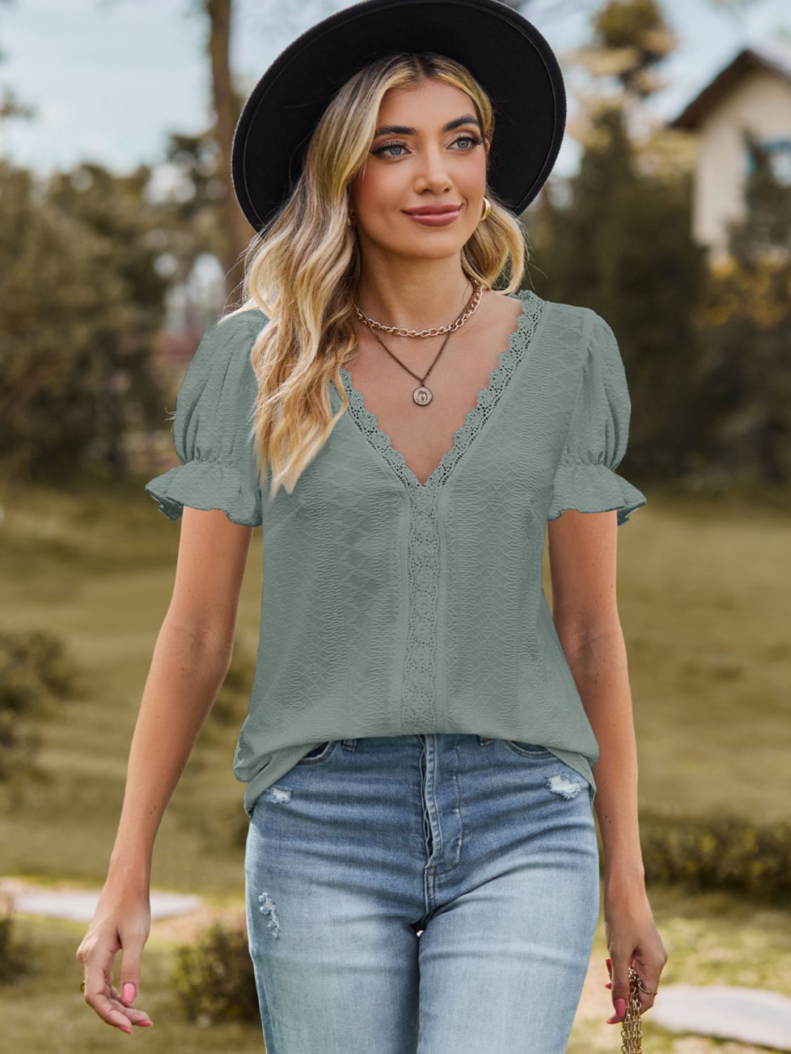 Women's Lace Detail Top with Slight Stretch Apparel & Accessories > Clothing > Tops Blouse Detail Detail V Flounce Flounce Sleeve Flounce Sleeve Blouse K.C Lace Lace Detail Neck Neck Flounce Neck Flounce Sleeve Ship From Overseas Sleeve Sleeve Blouse sync-pinterest T V