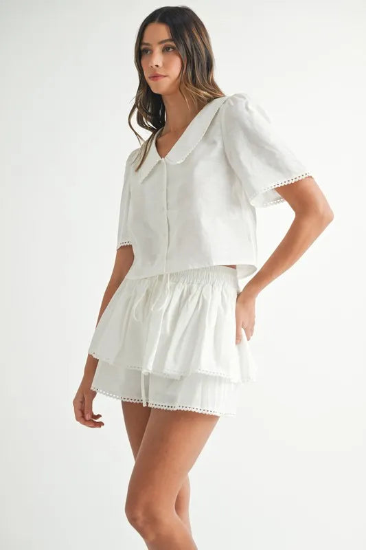 Chic Collared Button-Down Crop Top and Skort Set with Lace Detail Apparel & Accessories > Clothing > Outfits & Sets autopostr_pinterest_72819 MABLE Only Available for U.S. Residents Ship from USA sync-pinterest