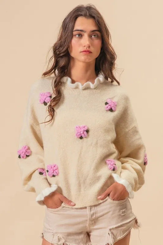 Cream Pink Crochet Sweater - Feminine, Relaxed, Charming 7-6 BiBi Ship from USA