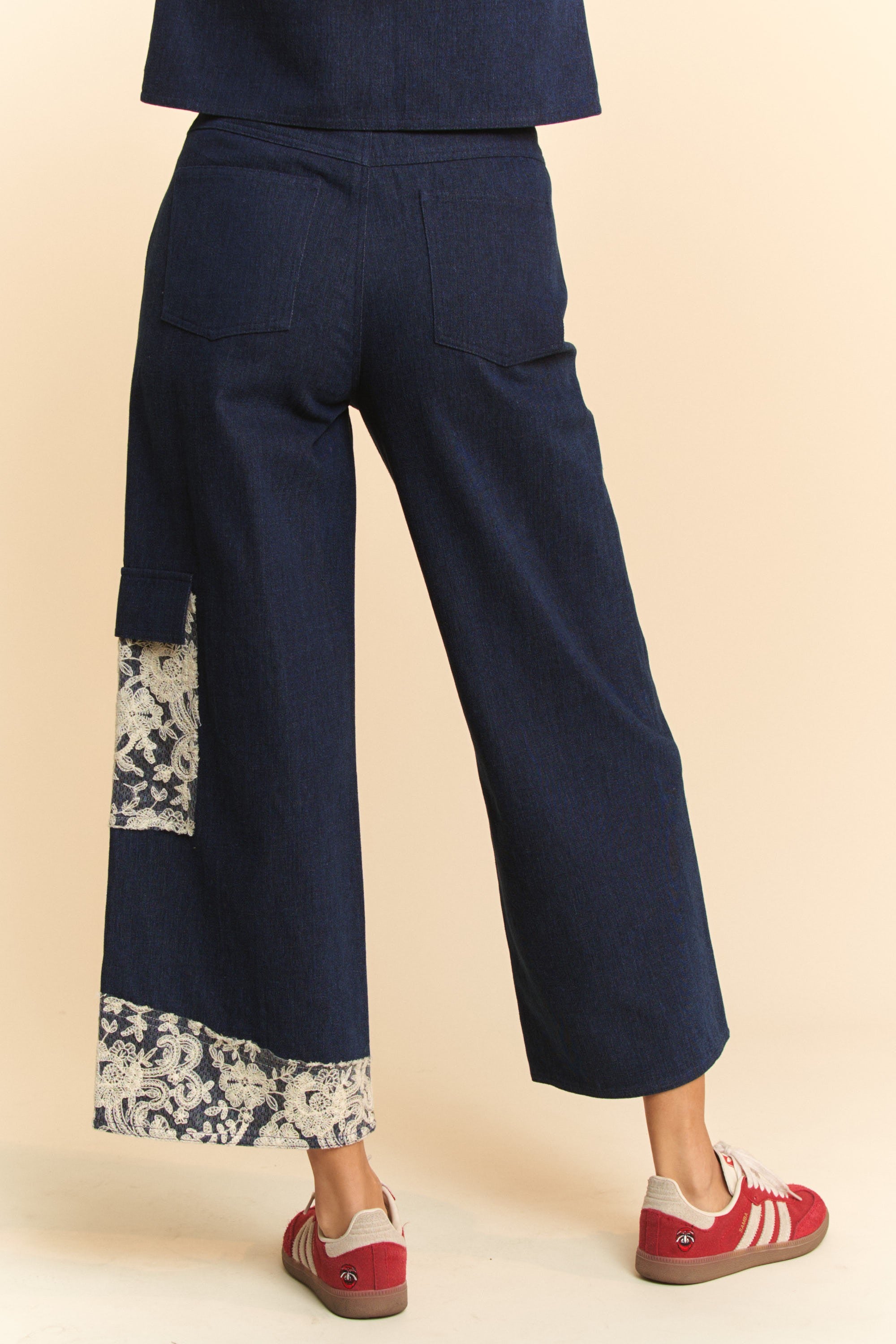 Wide Leg Cotton Denim Jeans with Lace Applique Detail Apparel & Accessories > Clothing > Pants Applique autopostr_pinterest_72819 Davi & Dani Lace Leg Only Available for U.S. Residents Ship from USA sync-pinterest Wide Wide Leg