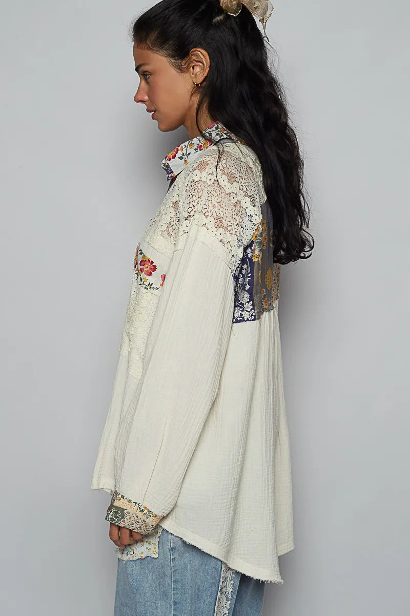 Floral Cotton Shirt - Boho Vintage Lace 7-11 POL Ship from USA