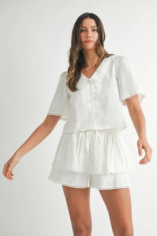 Chic Collared Button-Down Crop Top and Skort Set with Lace Detail Apparel & Accessories > Clothing > Outfits & Sets autopostr_pinterest_72819 MABLE Only Available for U.S. Residents Ship from USA sync-pinterest