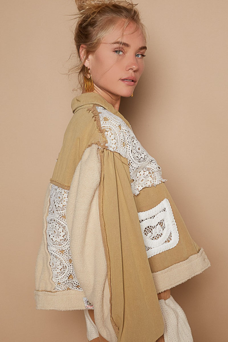 Sand Olive Button up Jacket - Exposed Seam - Lace Patch Clothing & Accessories > Clothing > Outerwear > Jackets autopostr_pinterest_71277 button crochet exposed jacket patch pinterestnew pol seam