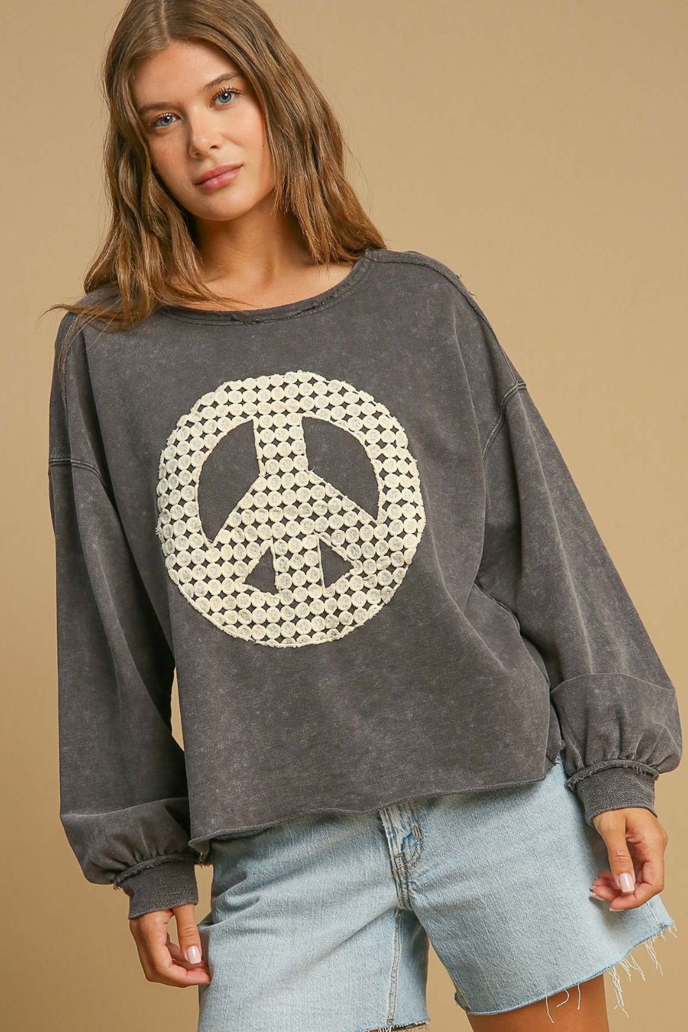 CHARCOAL Sweatshirt - Lace Applique - Exposed Seams - Mineral Wash Cotton Apparel & Accessories > Clothing > Tops autopostr_pinterest_71901 autopostr_pinterest_72819 Only Available for U.S. Residents Ship from USA sync-pinterest Umgee USA
