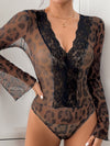Sheer Lace Top with Decorative Buttons and High Stretch Apparel & Accessories > Clothing > Tops Bodysuit Lace Lace Bodysuit Leopard Neck Neck Lace Perfee Ship From Overseas sync-pinterest T V