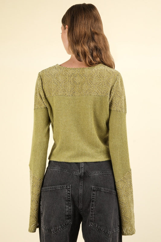 Olive Lace Top - Button Down - V Neck - Ribbed Clothing & Accessories > Clothing > Tops autopostr_pinterest_71118 autopostr_pinterest_71178 autopostr_pinterest_71277 button crop detail knit lace neck ribbed top