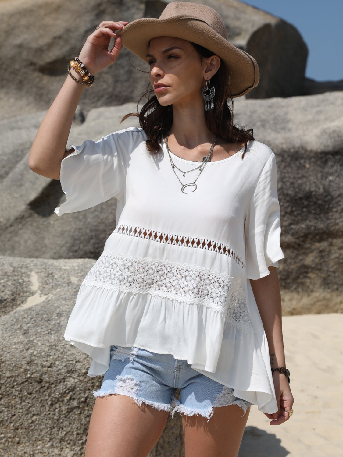 White Lace Top - Openwork Design - Opaque Polyester Apparel & Accessories > Clothing > Tops H.R.Z Ship From Overseas sync-pinterest