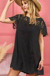 BLACK Dress - Crochet Lace Yoke - Wrinkled Texture - Boho - Flowy - Lightweight 5-2-usa BiBi Ship from USA