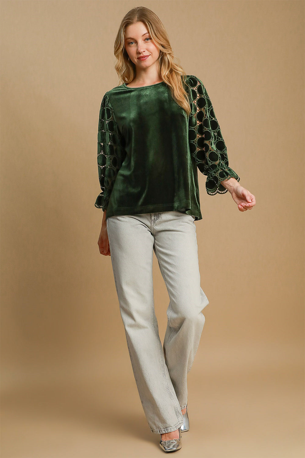 Olive Long sleeve Blouse - Round Neck - Polka Dot new Ship from USA Umgee USA