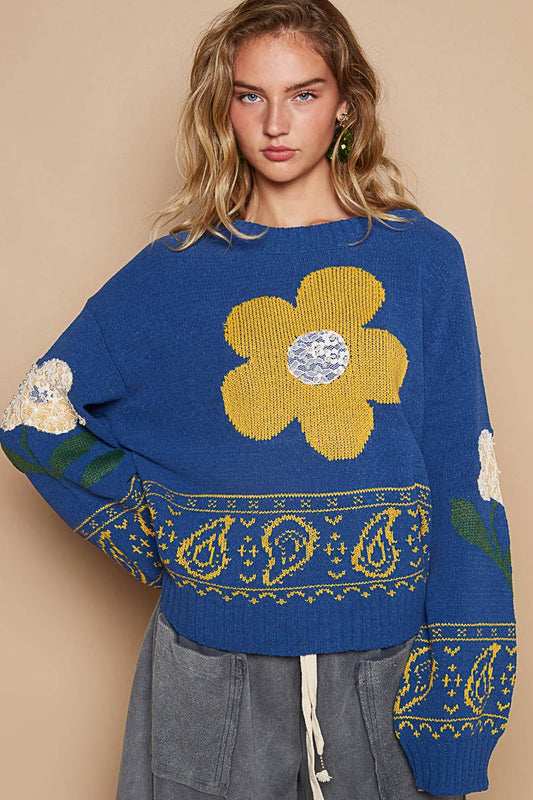 Blue Knit Sweater - Floral Lace Patch - Long Sleeve - Soft Knit Fabric Apparel & Accessories > Clothing > Tops > Sweaters autopostr_pinterest_71901 autopostr_pinterest_72819 Only Available for U.S. Residents POL Ship from USA sync-pinterest