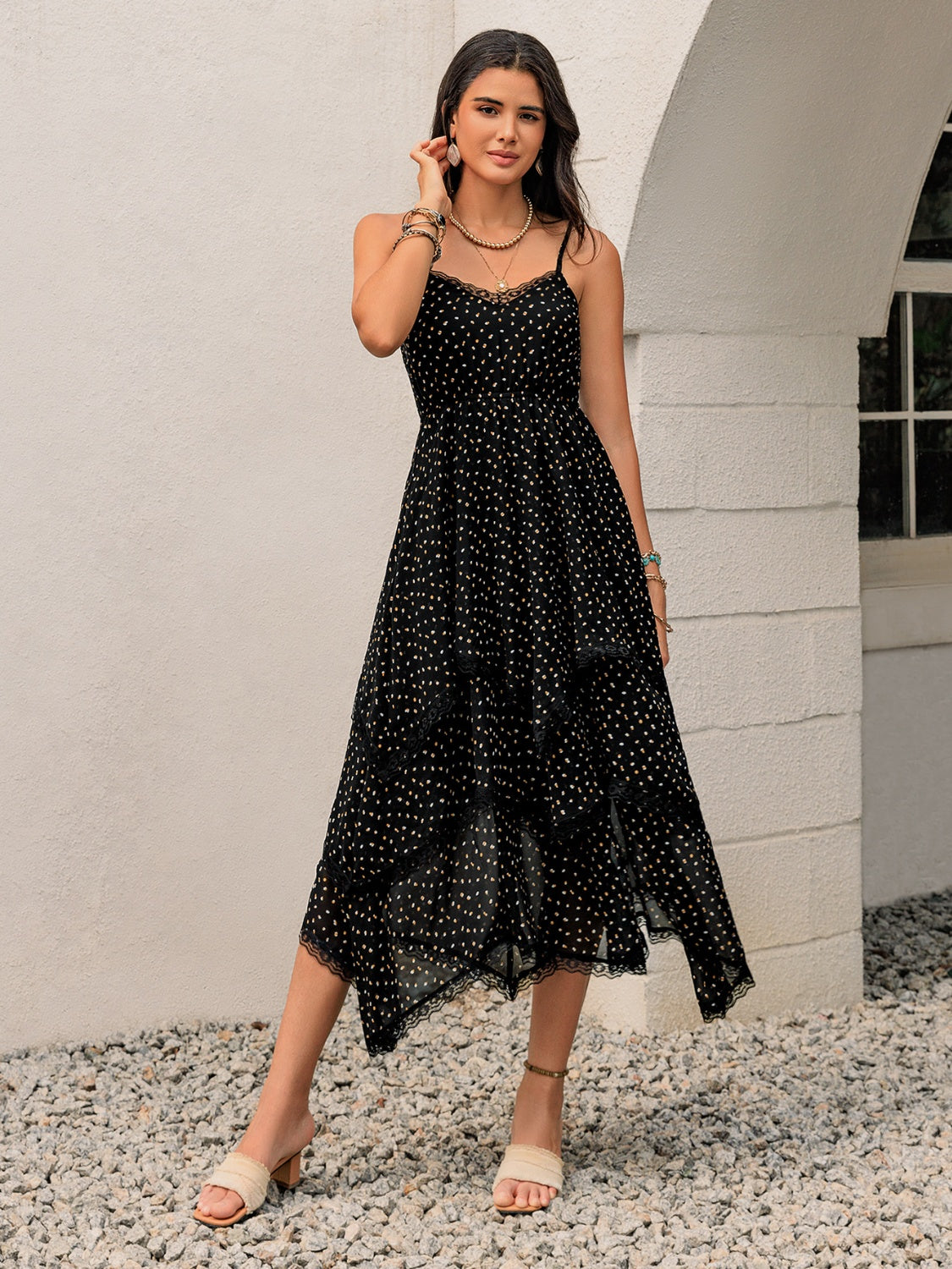 Midi Dress - Lace Detail - Layered - Soft Polyester - Opaque Apparel & Accessories > Clothing > Dresses Cami Cami Dress Detail Dress Lace Lace Detail Layered Midi Print Printed Rusttydustty Ship From Overseas sync-pinterest T