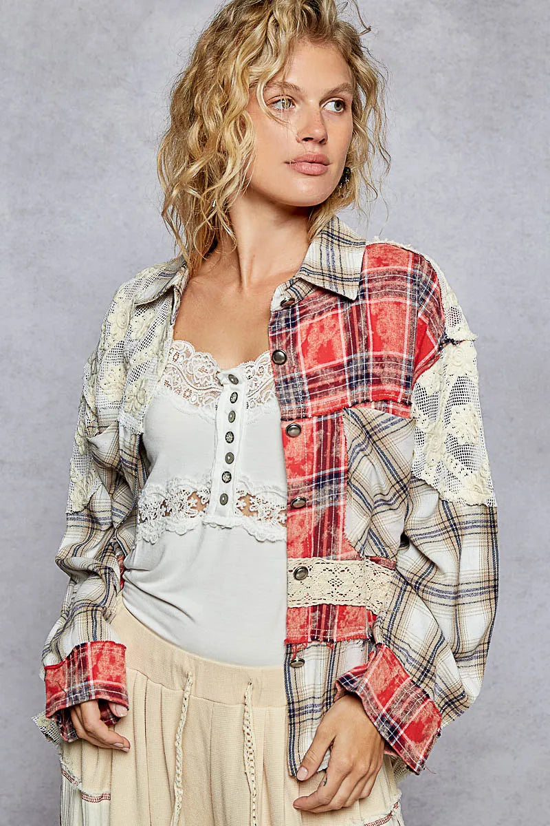 Red Red Plaid Cotton - Boho Lace Detail 7-11 POL Ship from USA